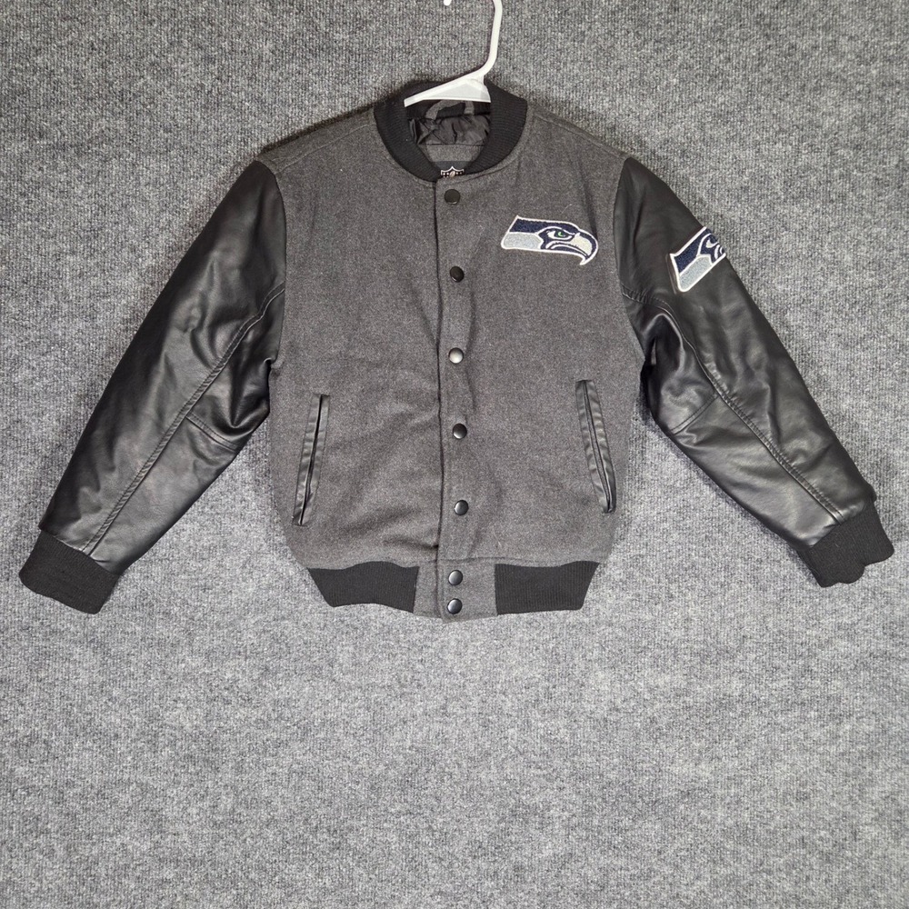 NFL Seattle Seahawks Varsity Jacket Youth Small 8 Grey Black Faux Leather Wool